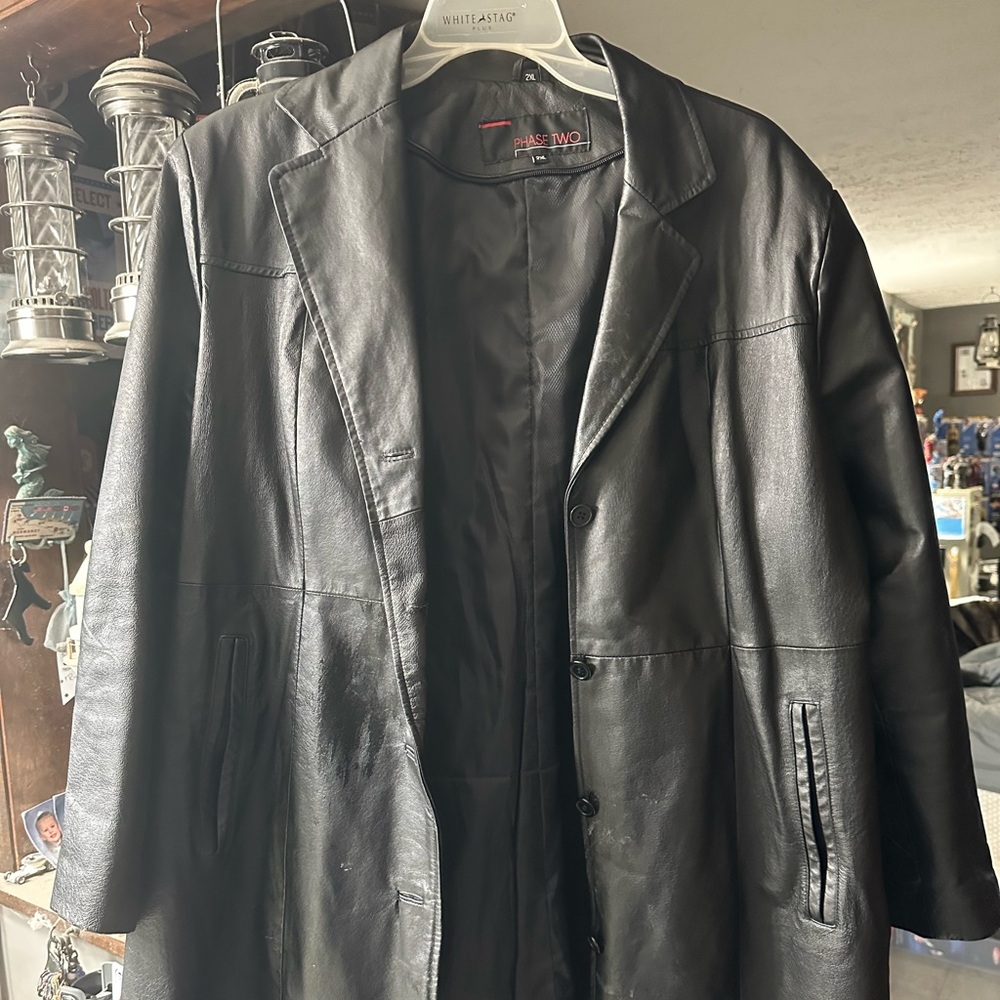 Black leather long length coat